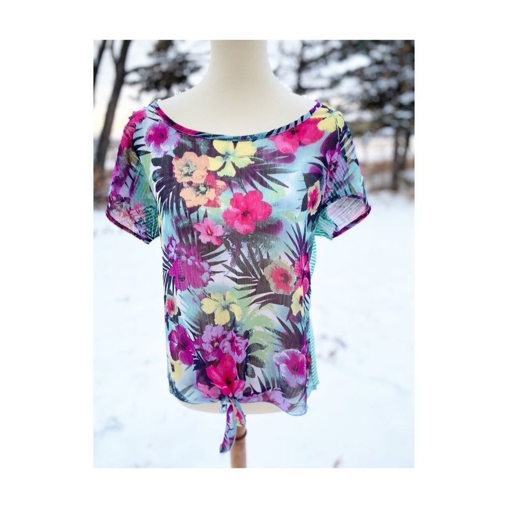 Seven7 Top Tee Shirt Floral Stripe Chiffon Jersey Knit High Low Sheer Knot Sz M